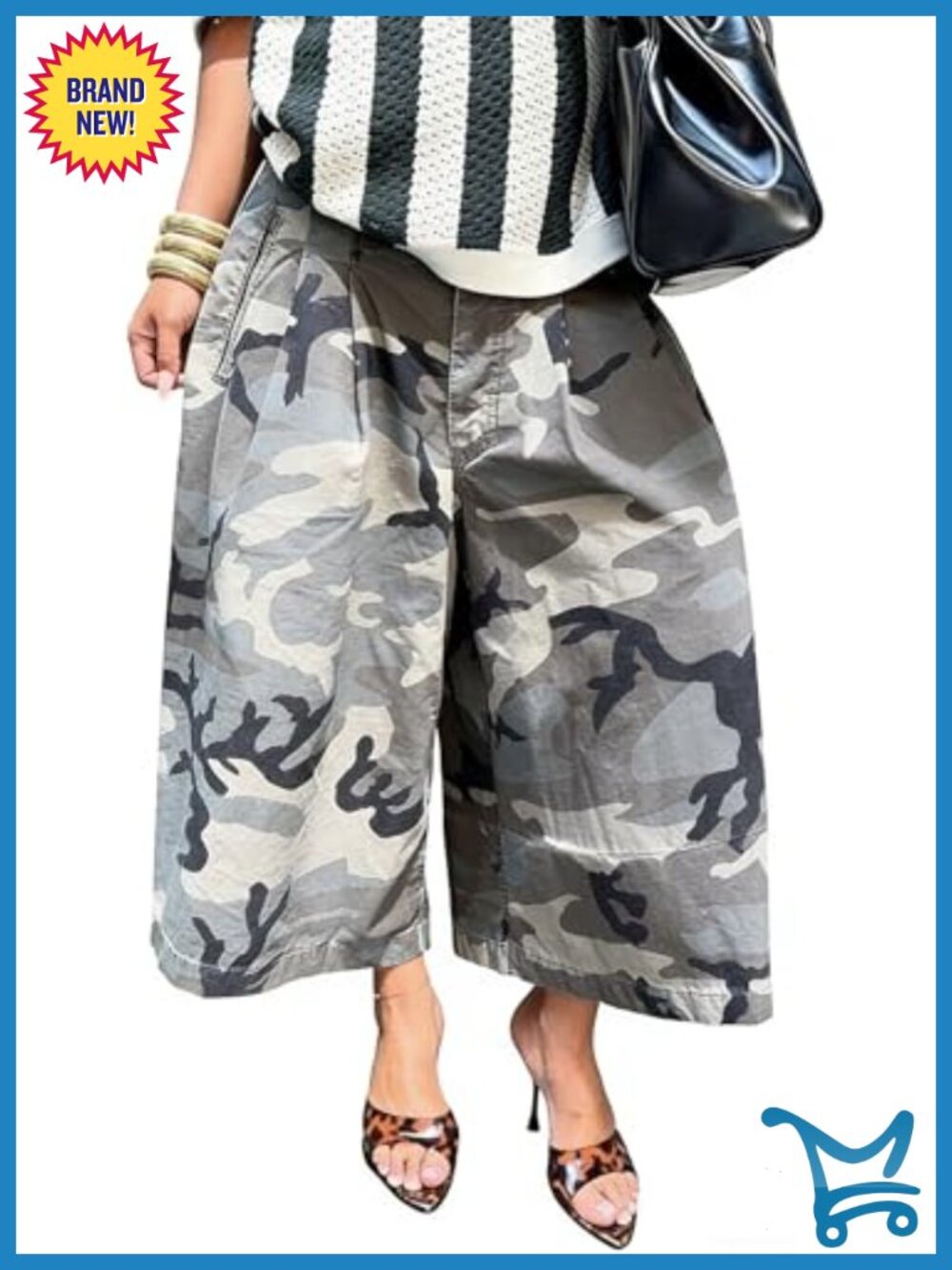 Women's Camo Cargo Capris High Waist Wide Leg Army Fatigue Pants